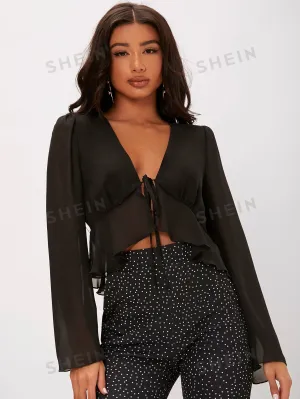 Tall Tie Front Ruffle Hem Top