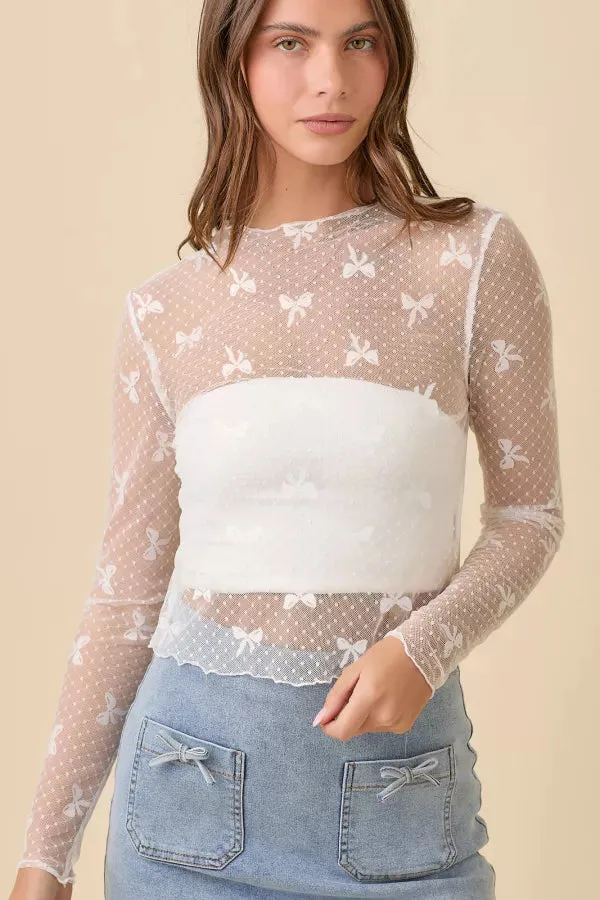 Taylor Ribbon Bow Mesh Long Sleeve Top - White *FINAL SALE*