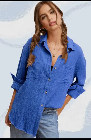 Tinsley- Royal Blue Soft Washed Crinkled Gauze Button Down Shirt