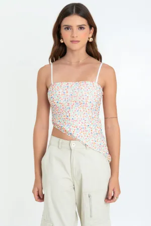 Top asimétrico de mesh floral con tirantes