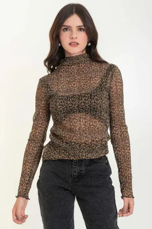 Top de mesh animal print manga larga