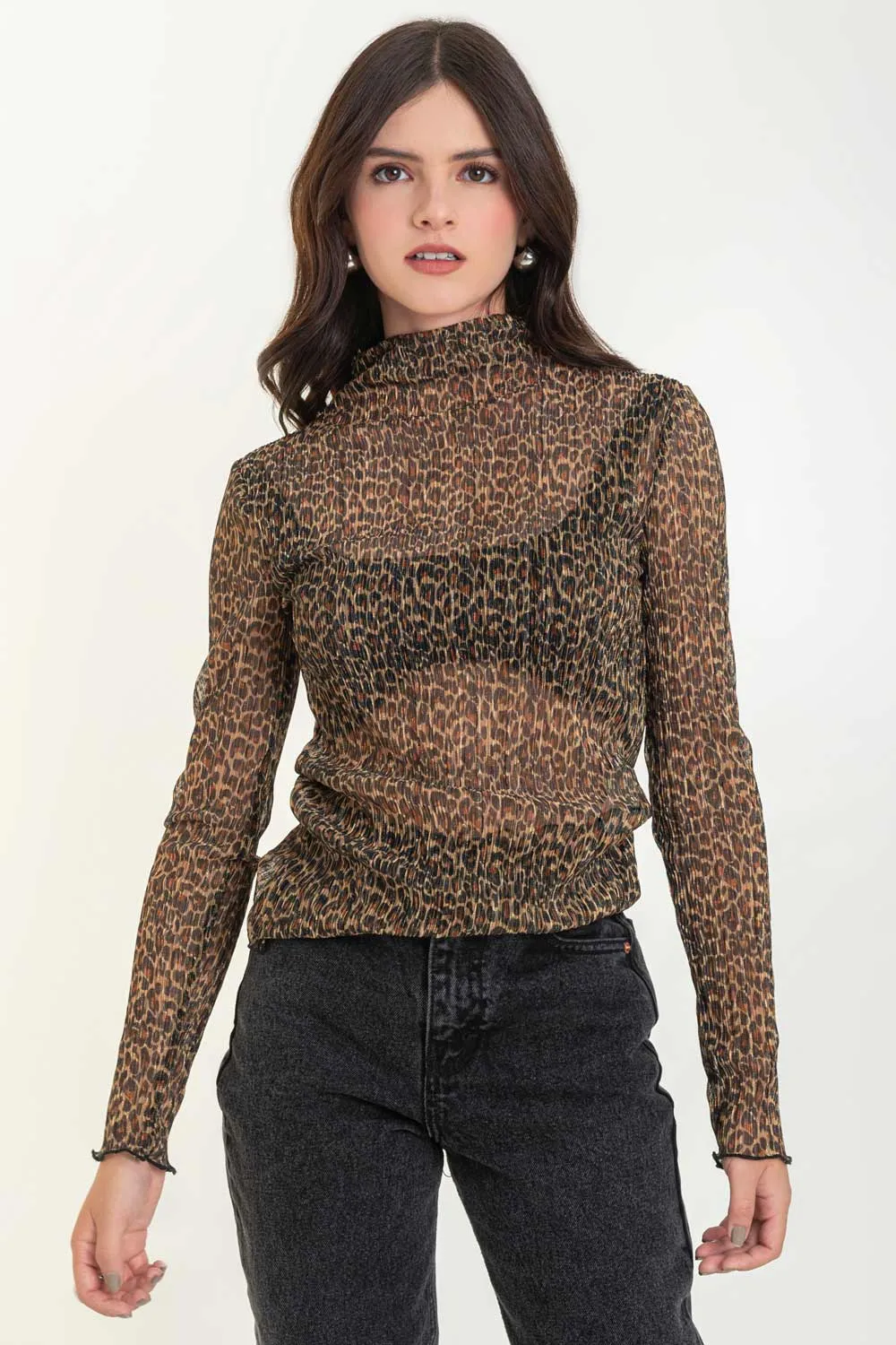 Top de mesh animal print manga larga