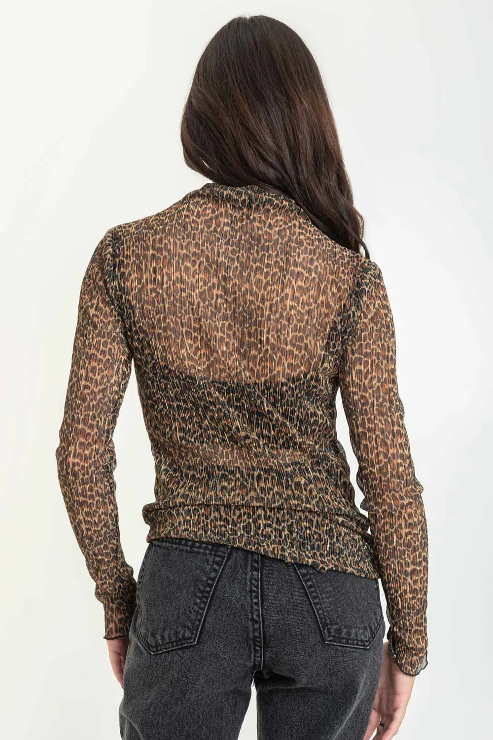 Top de mesh animal print manga larga