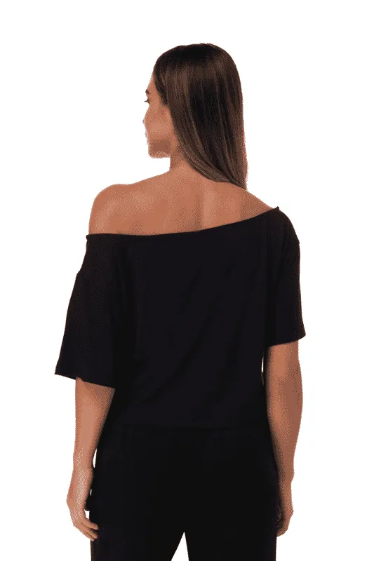TRIBE OF 6 ANNIE BAMBOO OFF SHOULDER CROP TOP WITH RUBBER PRINT