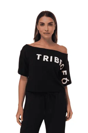 TRIBE OF 6 ANNIE BAMBOO OFF SHOULDER CROP TOP WITH RUBBER PRINT
