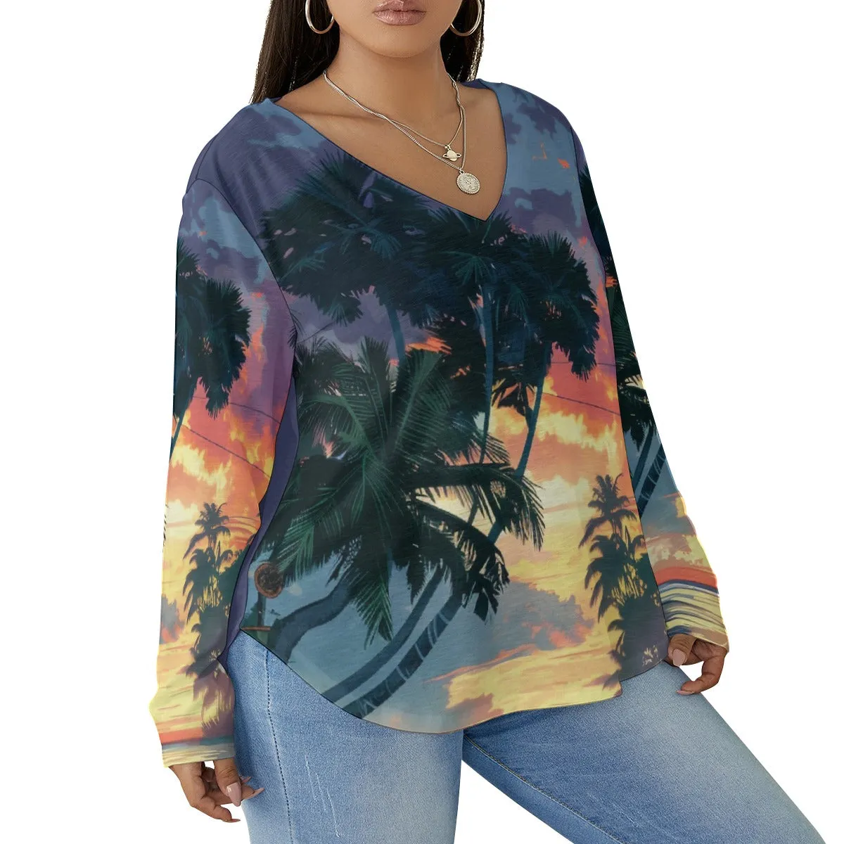 Tropical Vibes Women's V-neck T-shirt With Curved Hem (Plus Size)