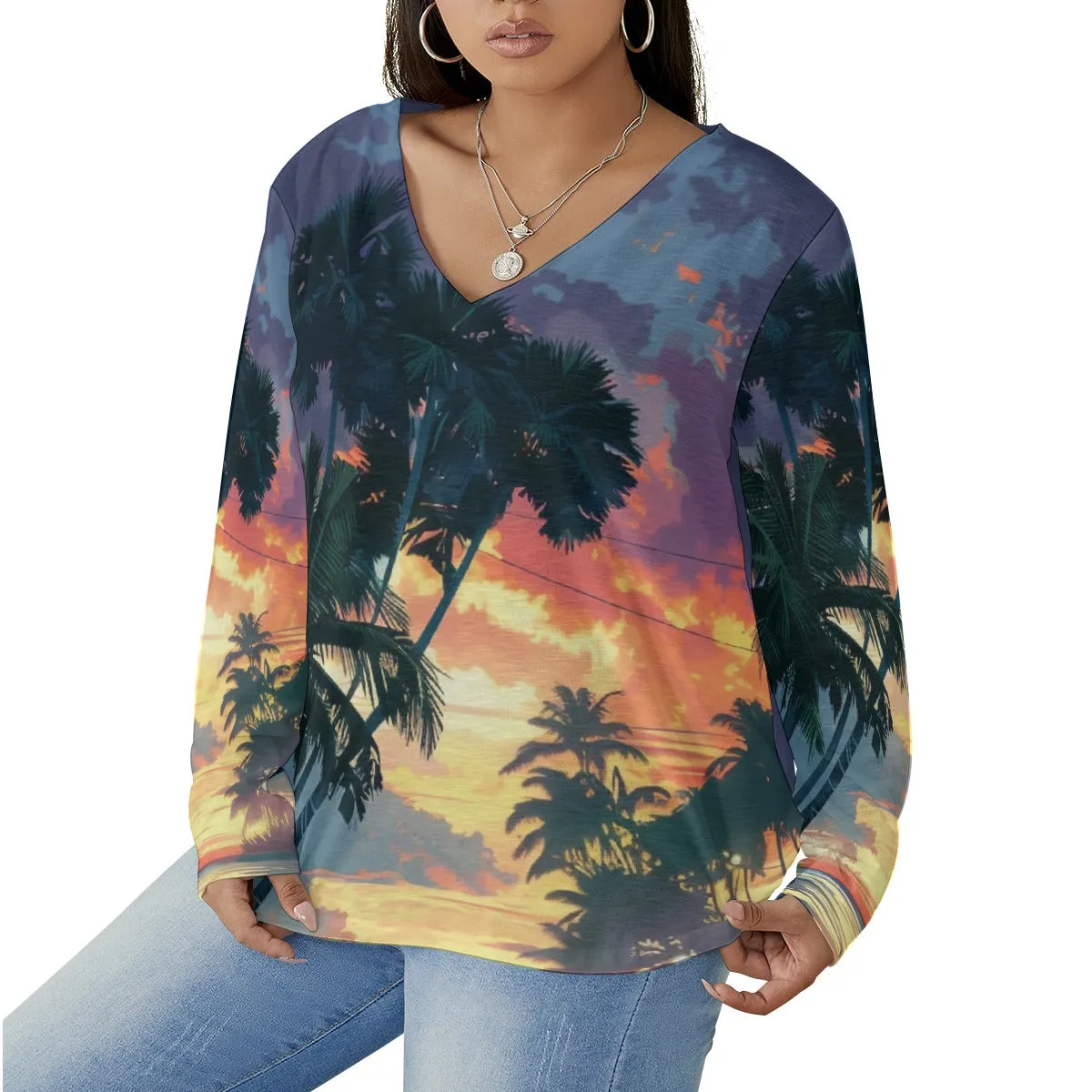 Tropical Vibes Women's V-neck T-shirt With Curved Hem (Plus Size)