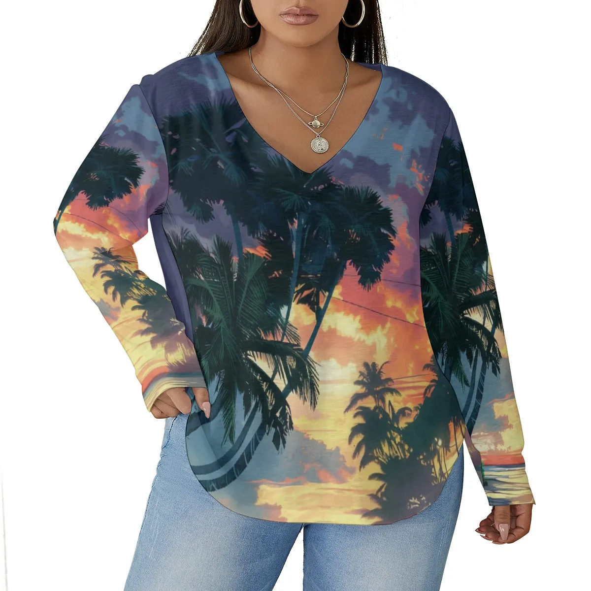 Tropical Vibes Women's V-neck T-shirt With Curved Hem (Plus Size)