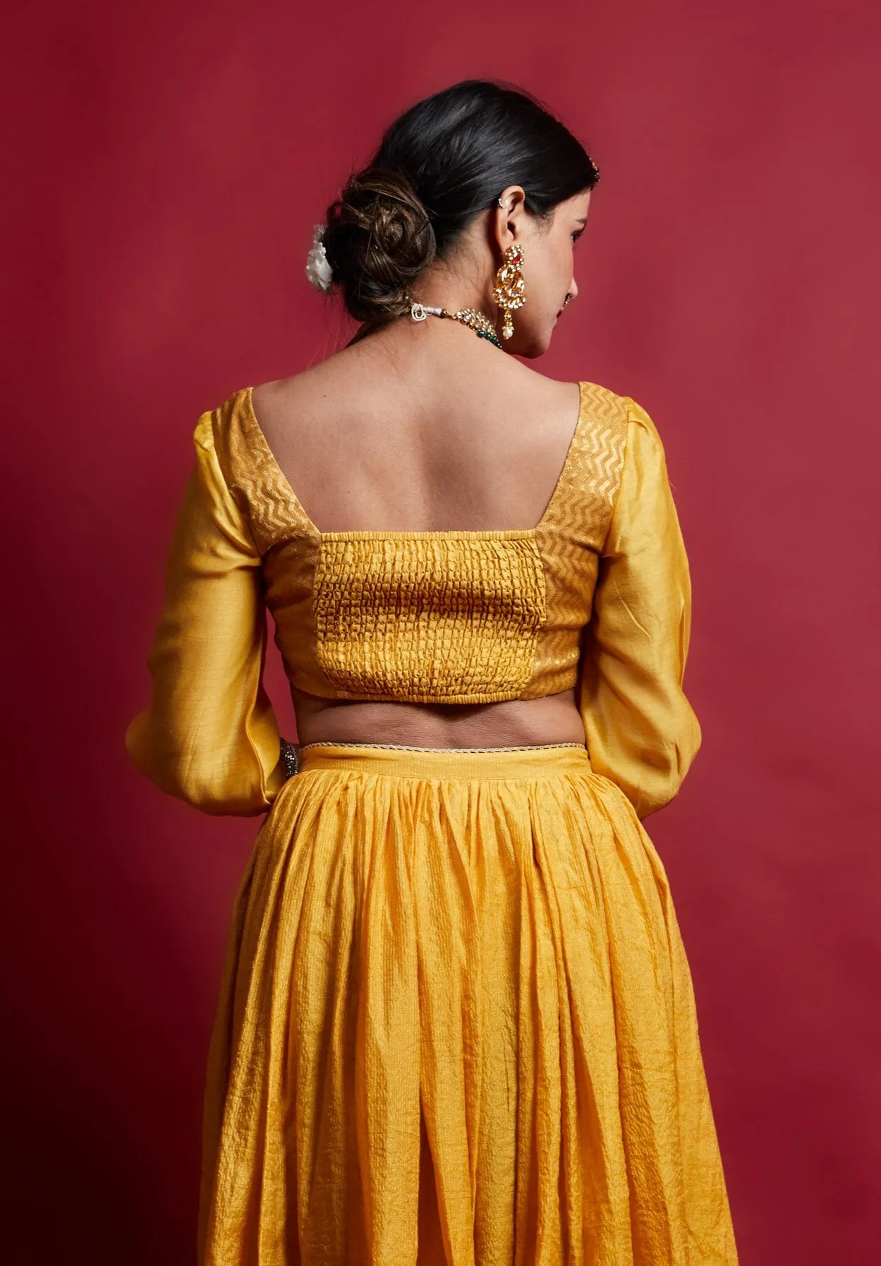 Turmeric Yellow Smocking Blouse in Zari & Chanderi Handloom