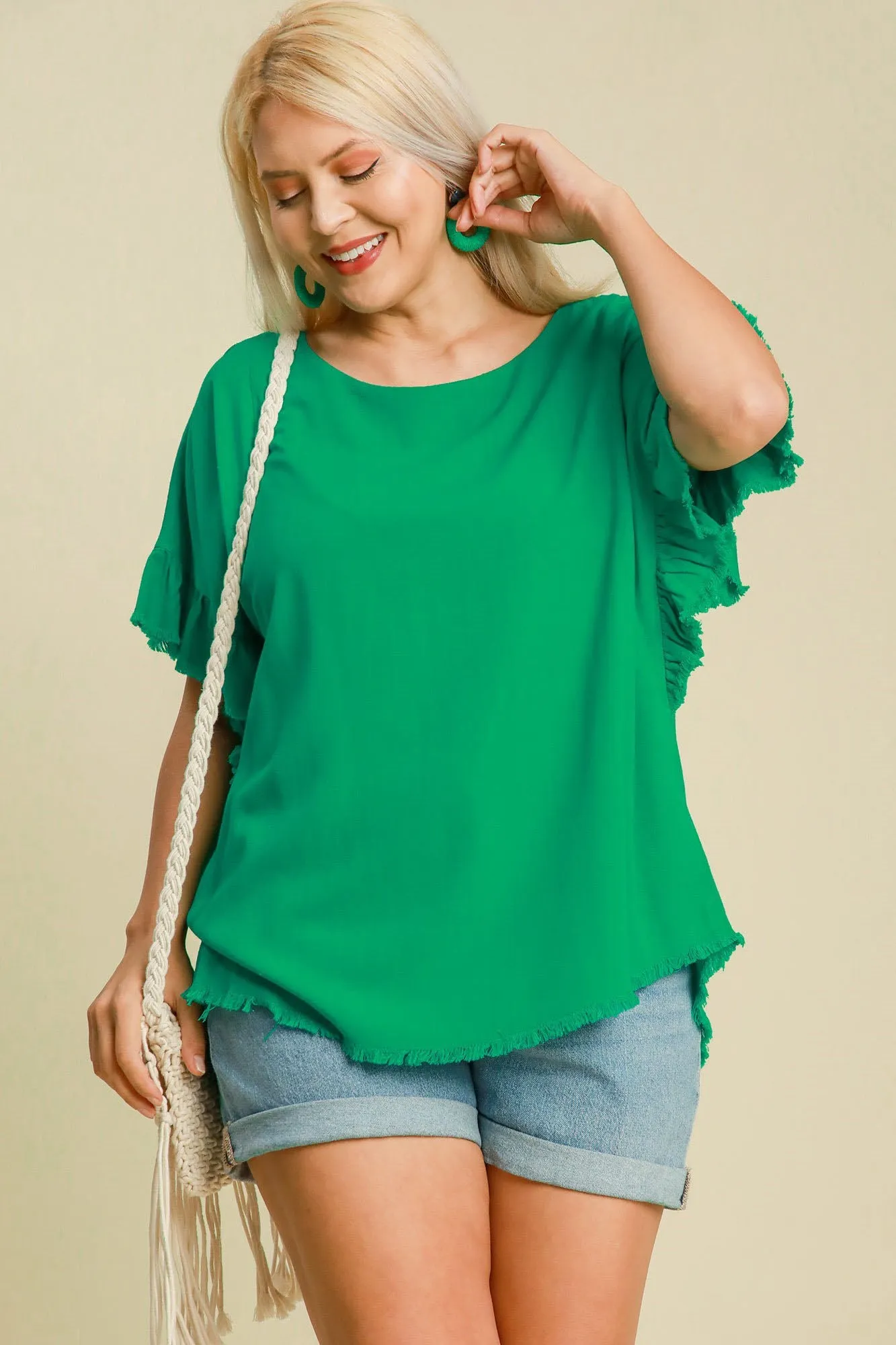 Umgee Raw Hem Ruffle Short Sleeve Blouse