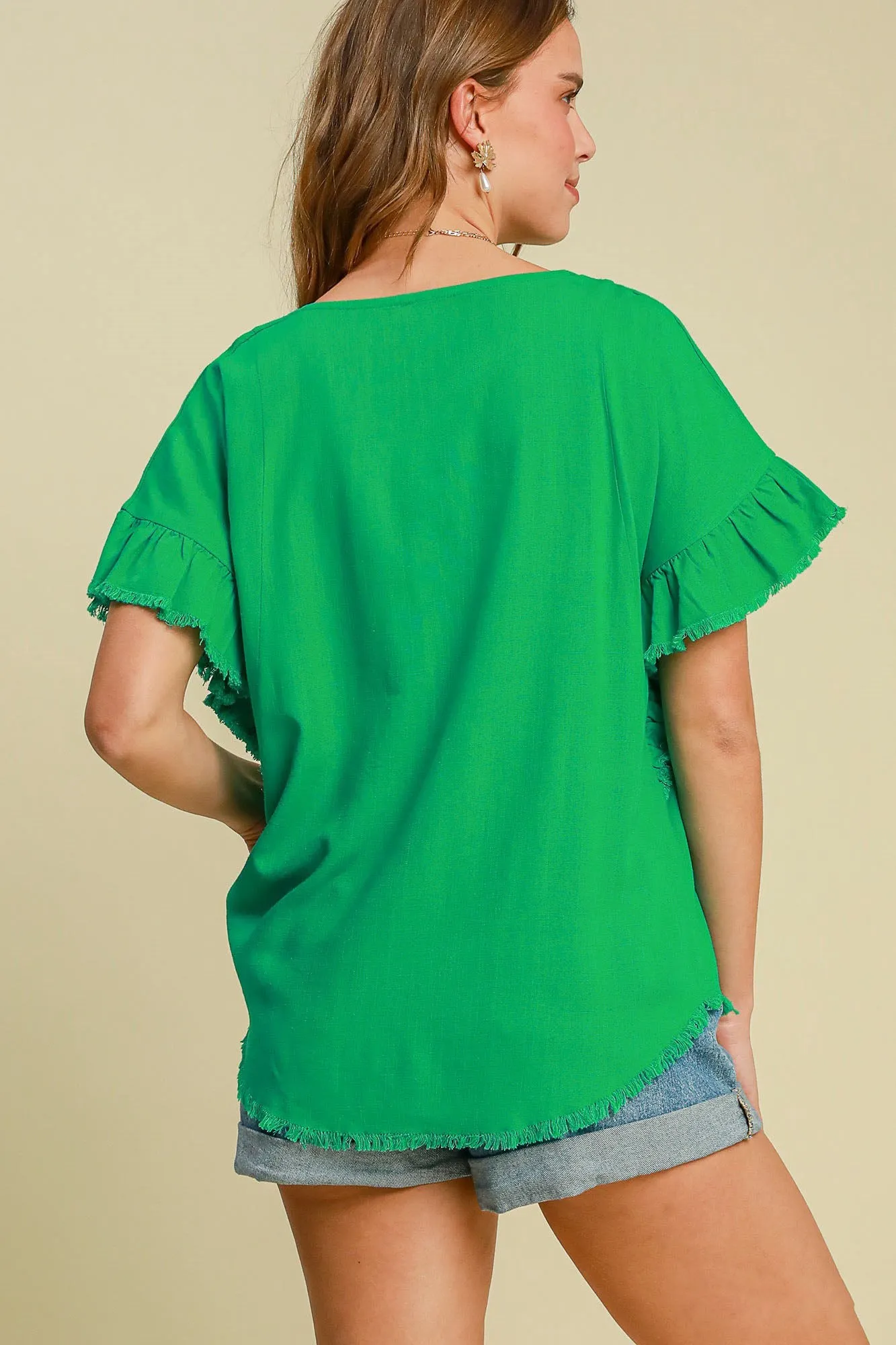 Umgee Raw Hem Ruffle Short Sleeve Blouse