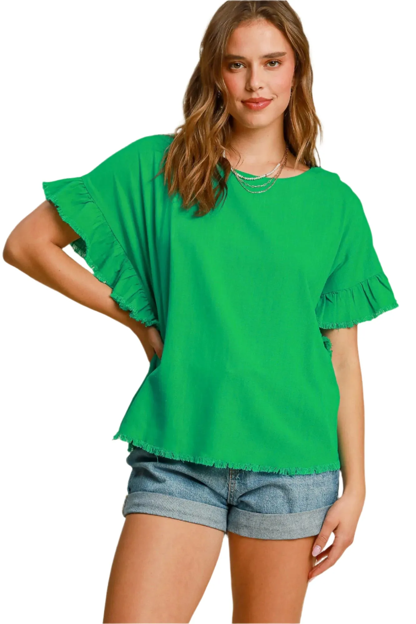 Umgee Raw Hem Ruffle Short Sleeve Blouse