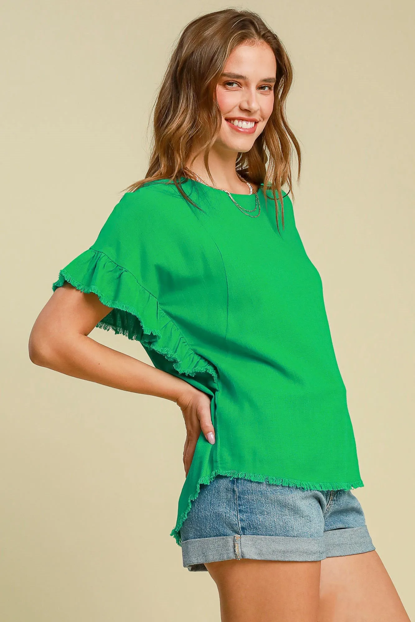 Umgee Raw Hem Ruffle Short Sleeve Blouse