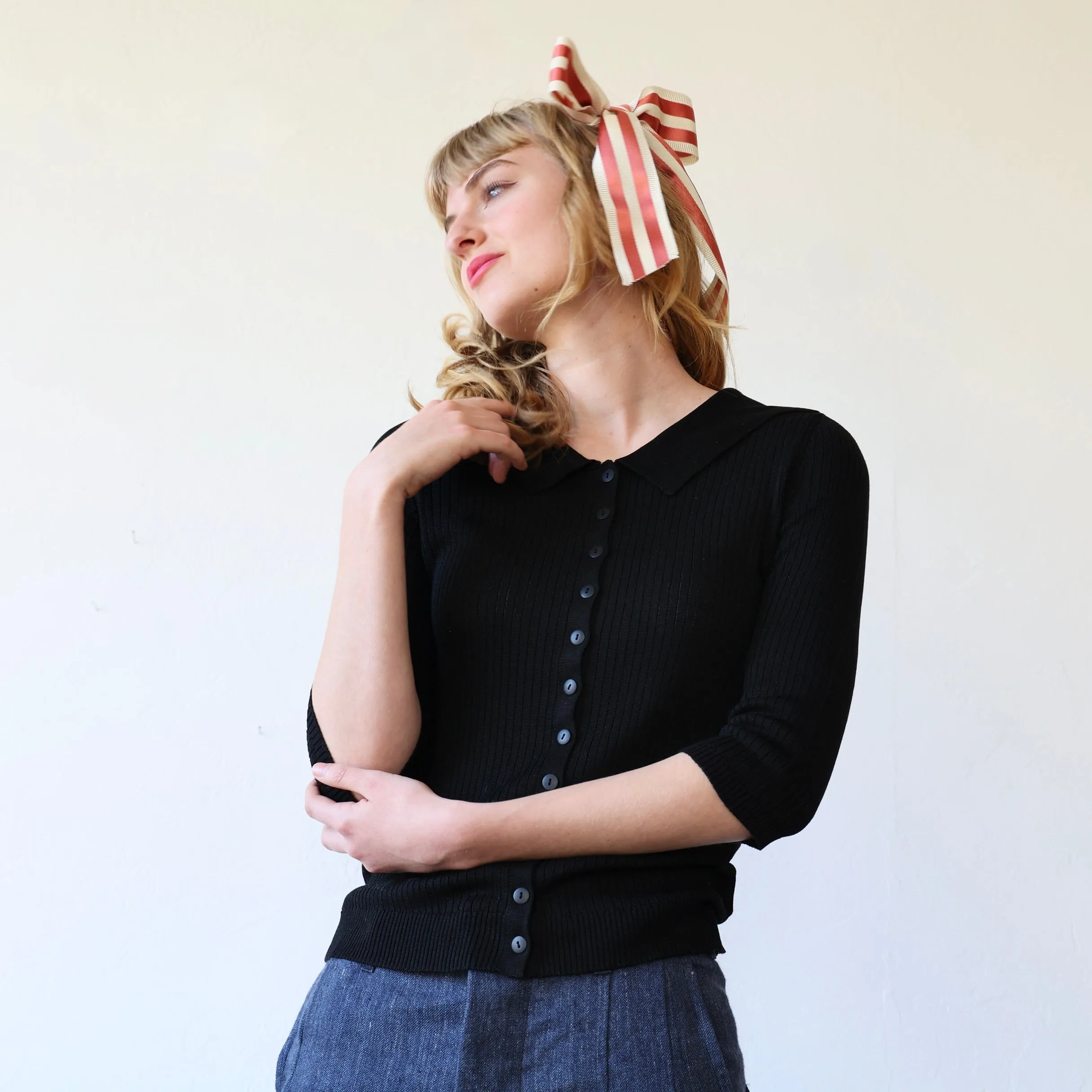Une Heures 3/4 Button-Up Sailor Silk Knit - Black