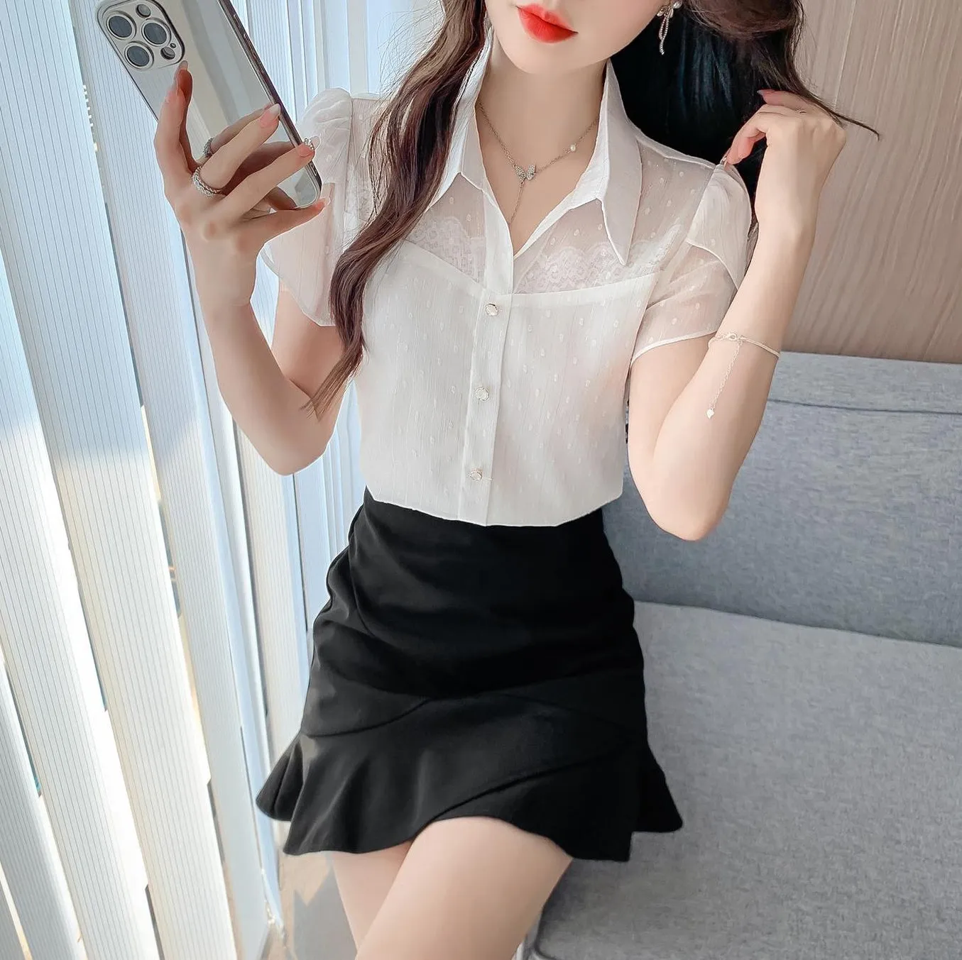 Unique Jacquard Blouse with Spread Neckline for Women
