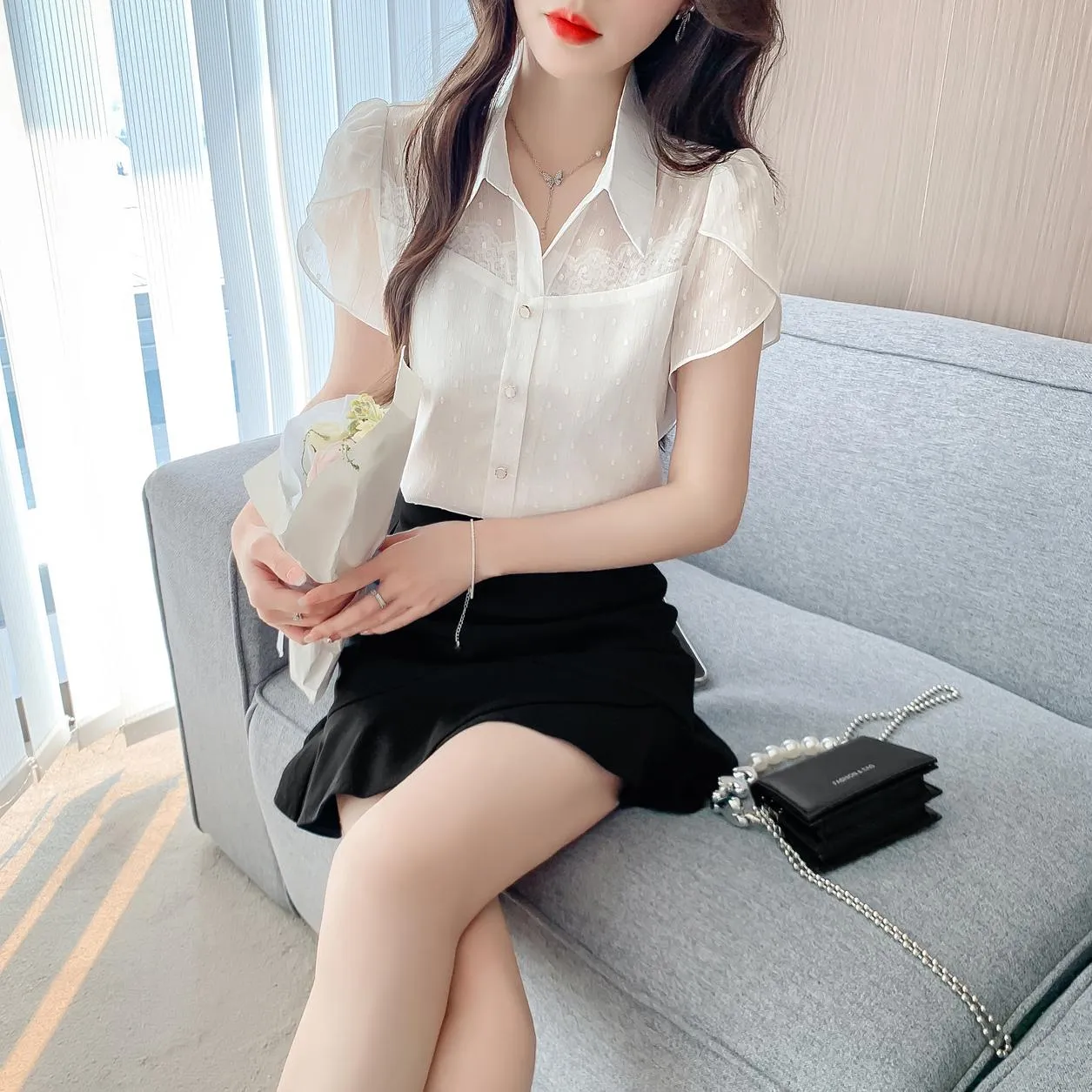 Unique Jacquard Blouse with Spread Neckline for Women