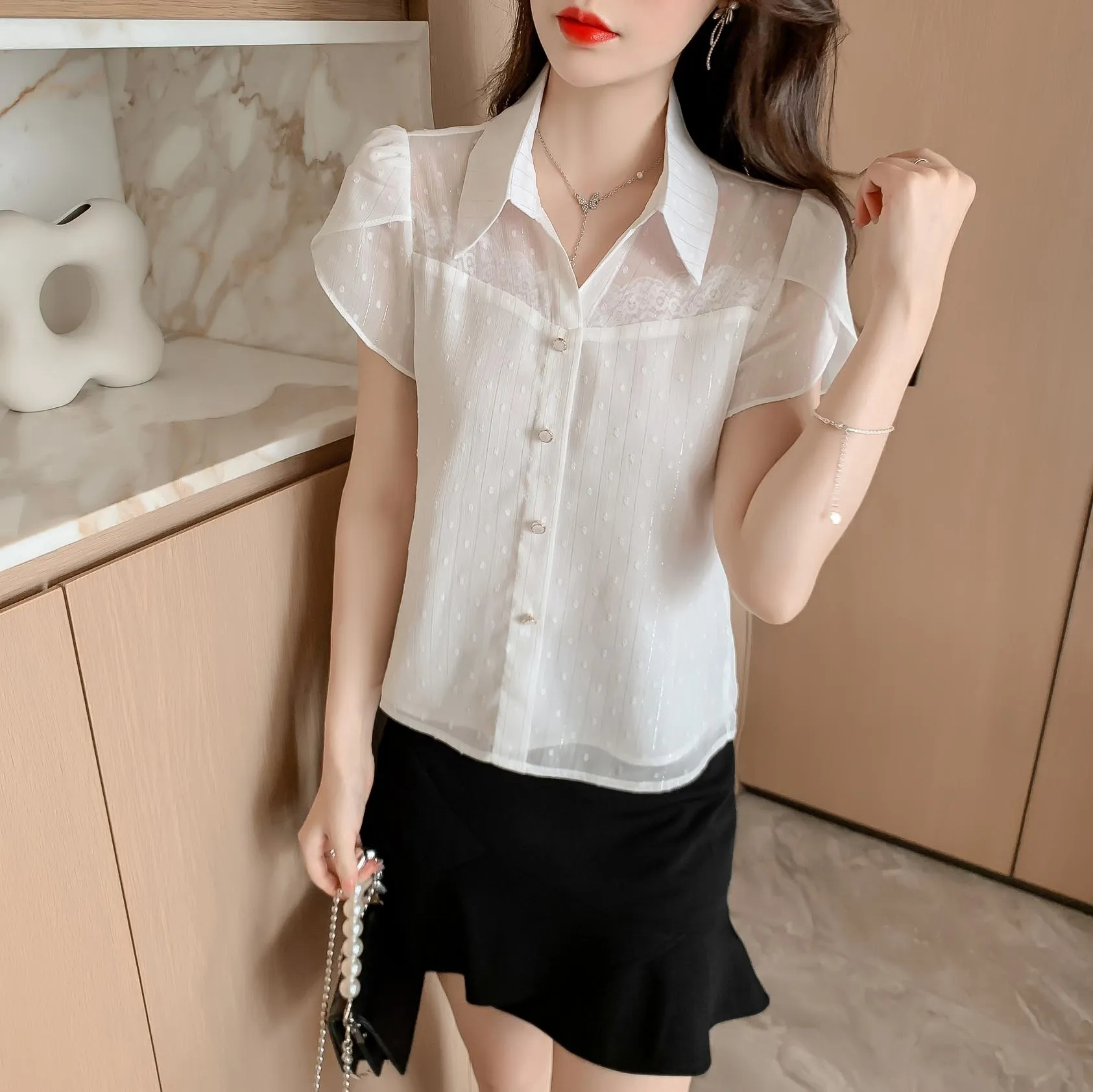 Unique Jacquard Blouse with Spread Neckline for Women