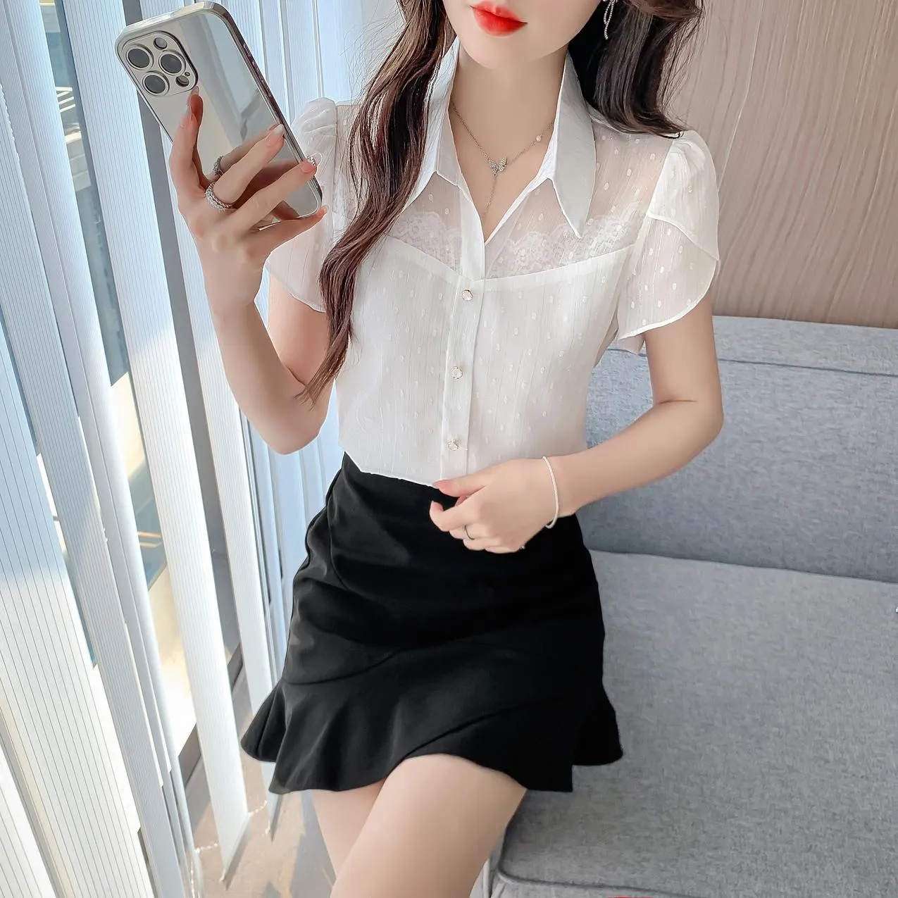Unique Jacquard Blouse with Spread Neckline for Women