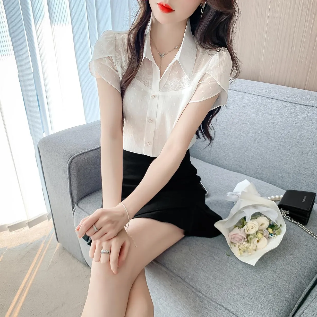 Unique Jacquard Blouse with Spread Neckline for Women