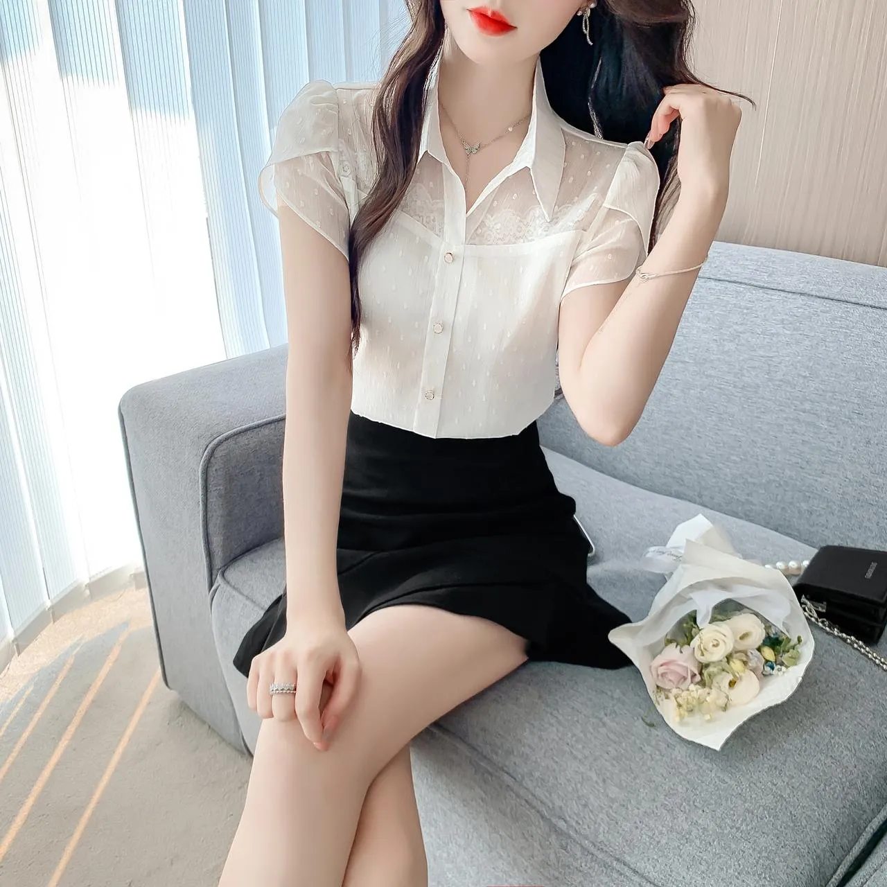 Unique Jacquard Blouse with Spread Neckline for Women