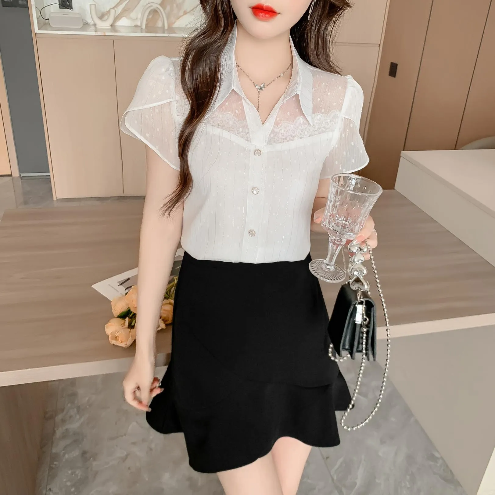 Unique Jacquard Blouse with Spread Neckline for Women