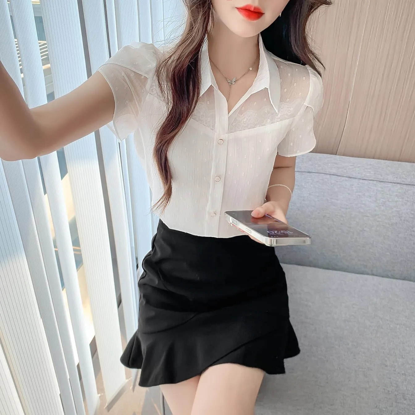 Unique Jacquard Blouse with Spread Neckline for Women