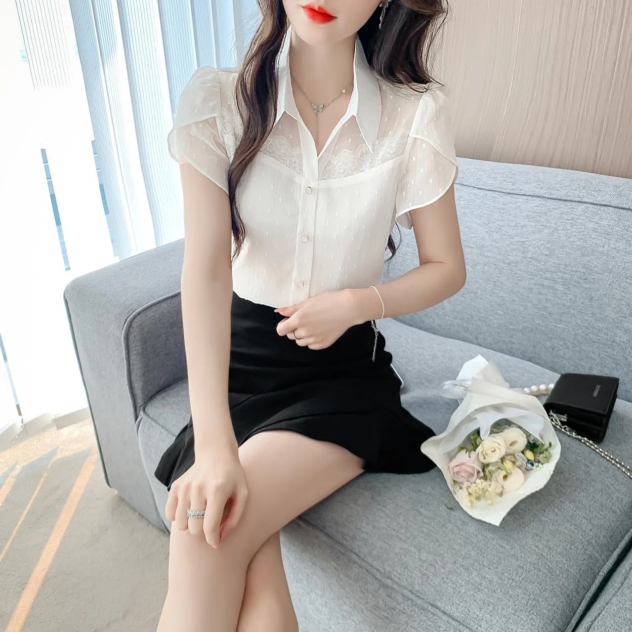 Unique Jacquard Blouse with Spread Neckline for Women
