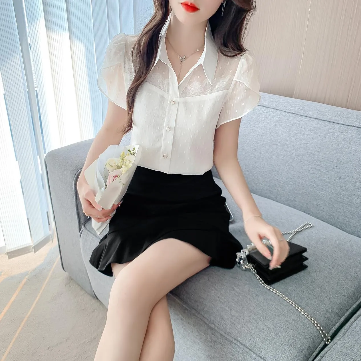 Unique Jacquard Blouse with Spread Neckline for Women
