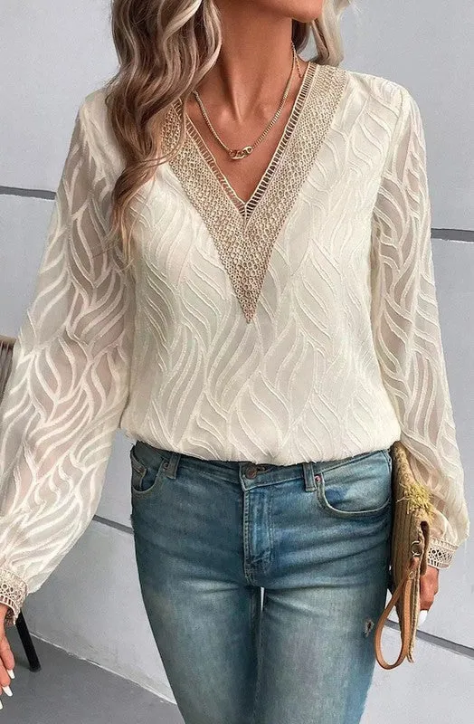 V Neck Contrast Lace Lantern Sleeve Blouse