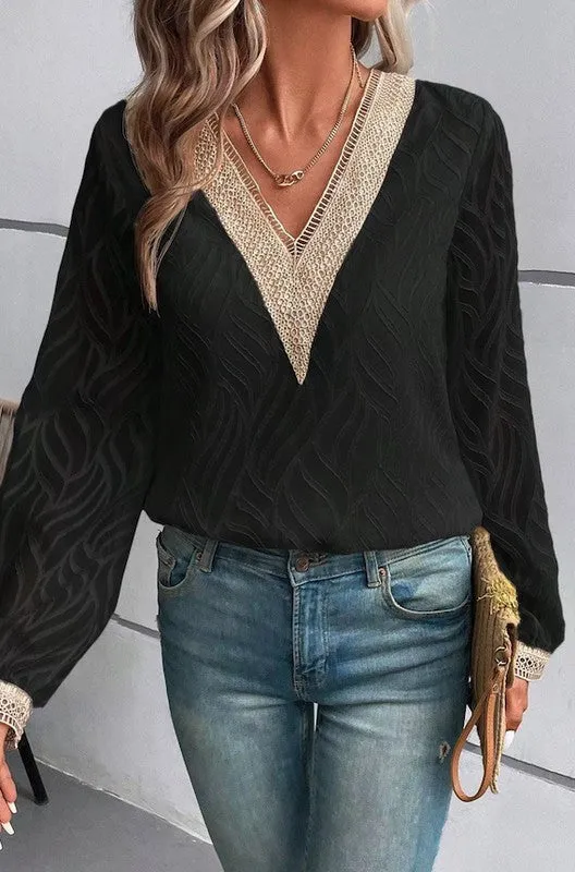 V Neck Contrast Lace Lantern Sleeve Blouse