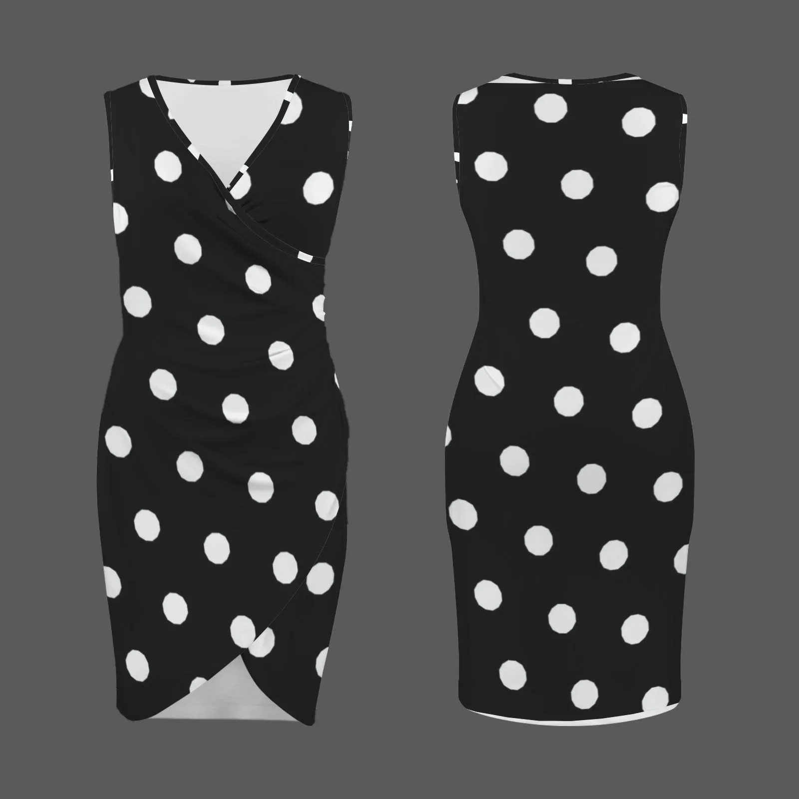 V Neck Sleeveless Faux Wrap Ruched Bodycon Dress