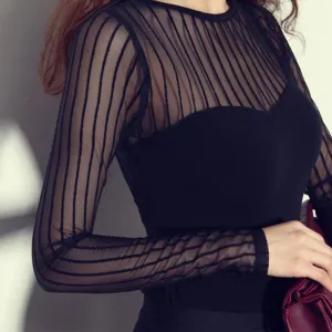 Vertical Striped Lace Modal Base Shirt Round Neck Long-Sleeved Mesh Shirt Transparent Tops