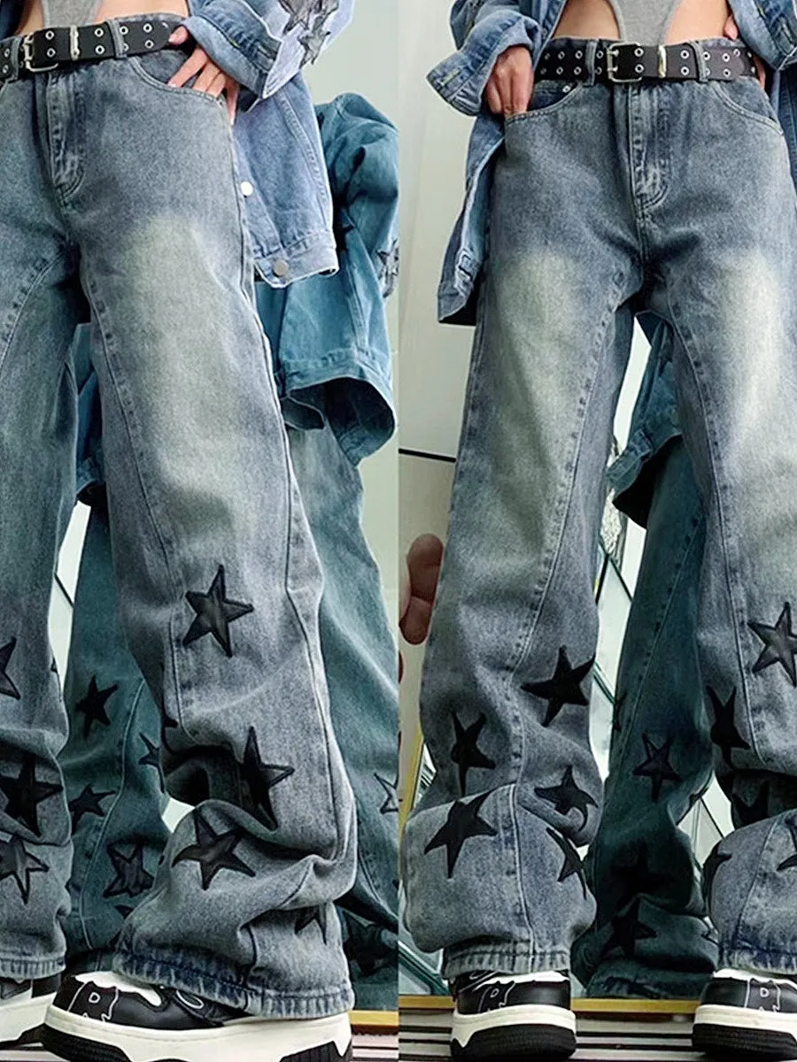 Verwaschene Blaue Vintage Boyfriend Jeans mit Stern Design