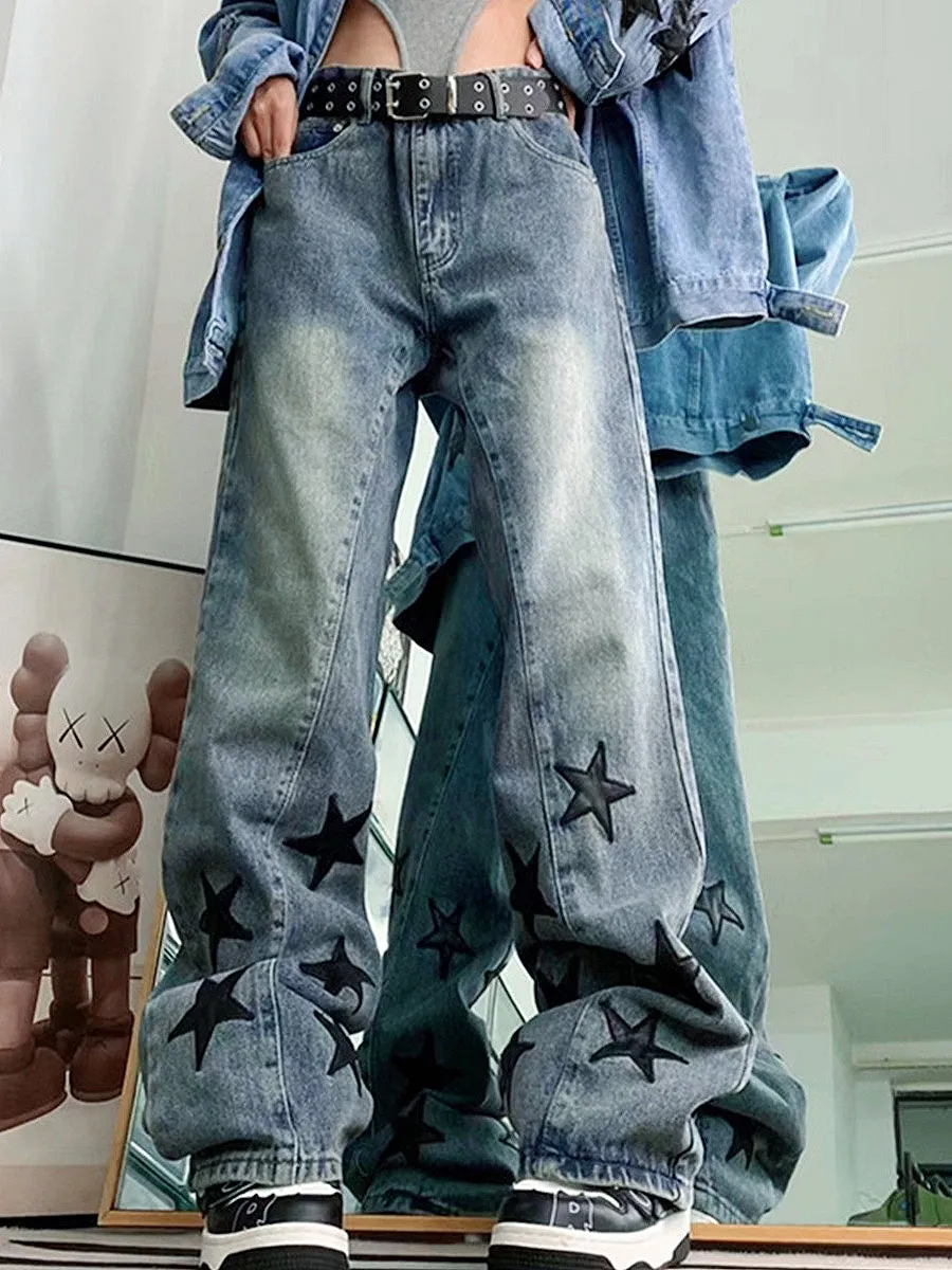 Verwaschene Blaue Vintage Boyfriend Jeans mit Stern Design