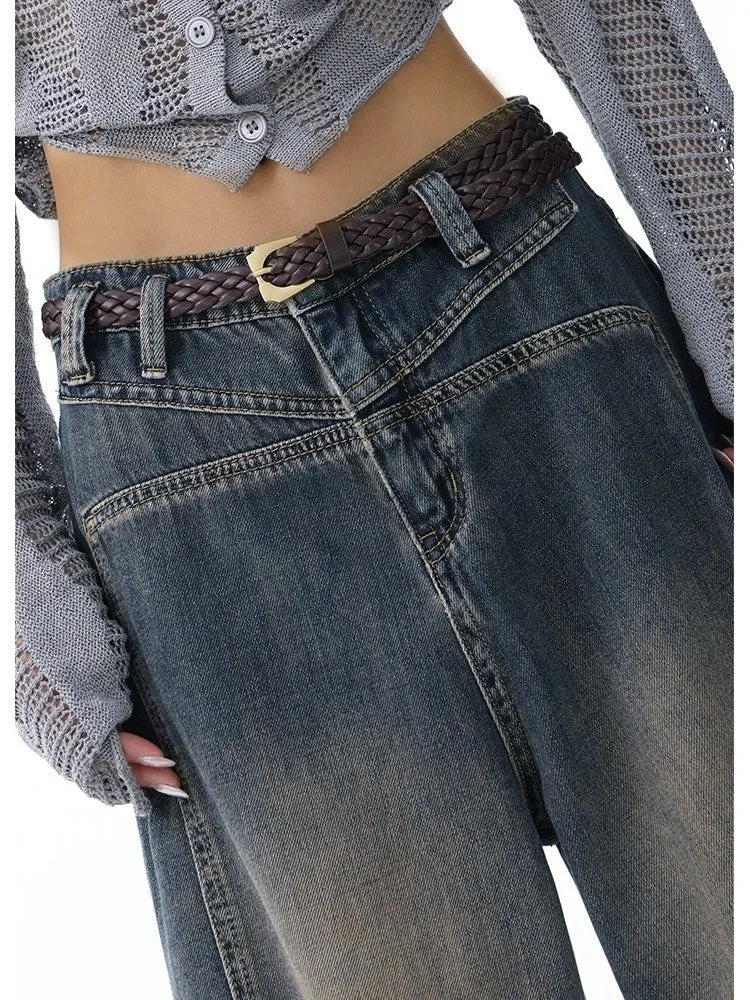 Vintage Verwaschene Baggy Boyfriend Jeans mit Leistendetail
