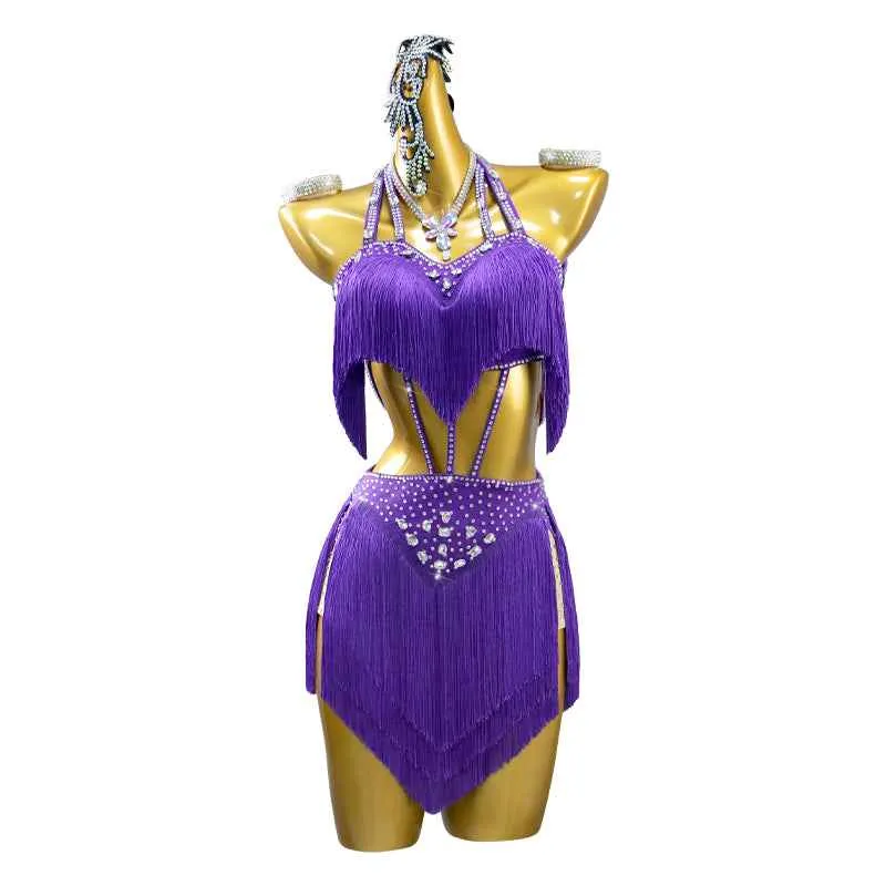 Violet Purple Fringe Latin Dance Dresses for Women Girls Latin Salsa Rumba Chacha Performance Skirts
