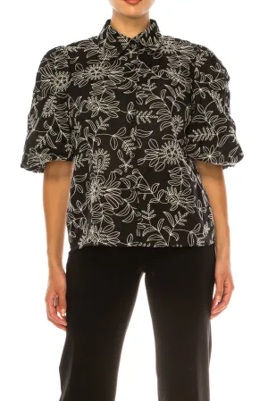 Vivid Embroidered Puff Sleeve Button Down Shirt