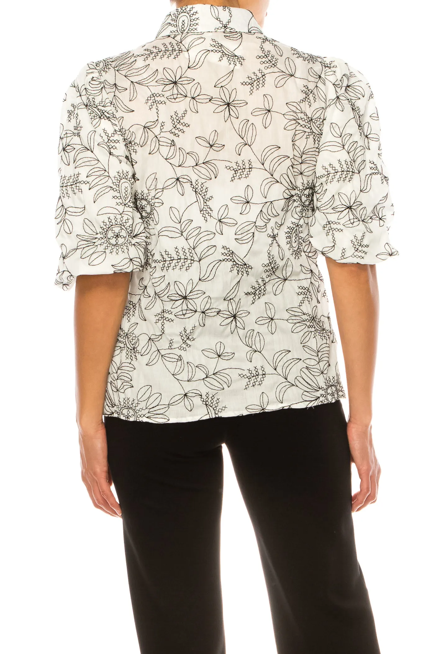 Vivid Embroidered Puff Sleeve Button Down Shirt