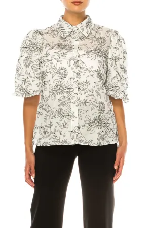 Vivid Embroidered Puff Sleeve Button Down Shirt