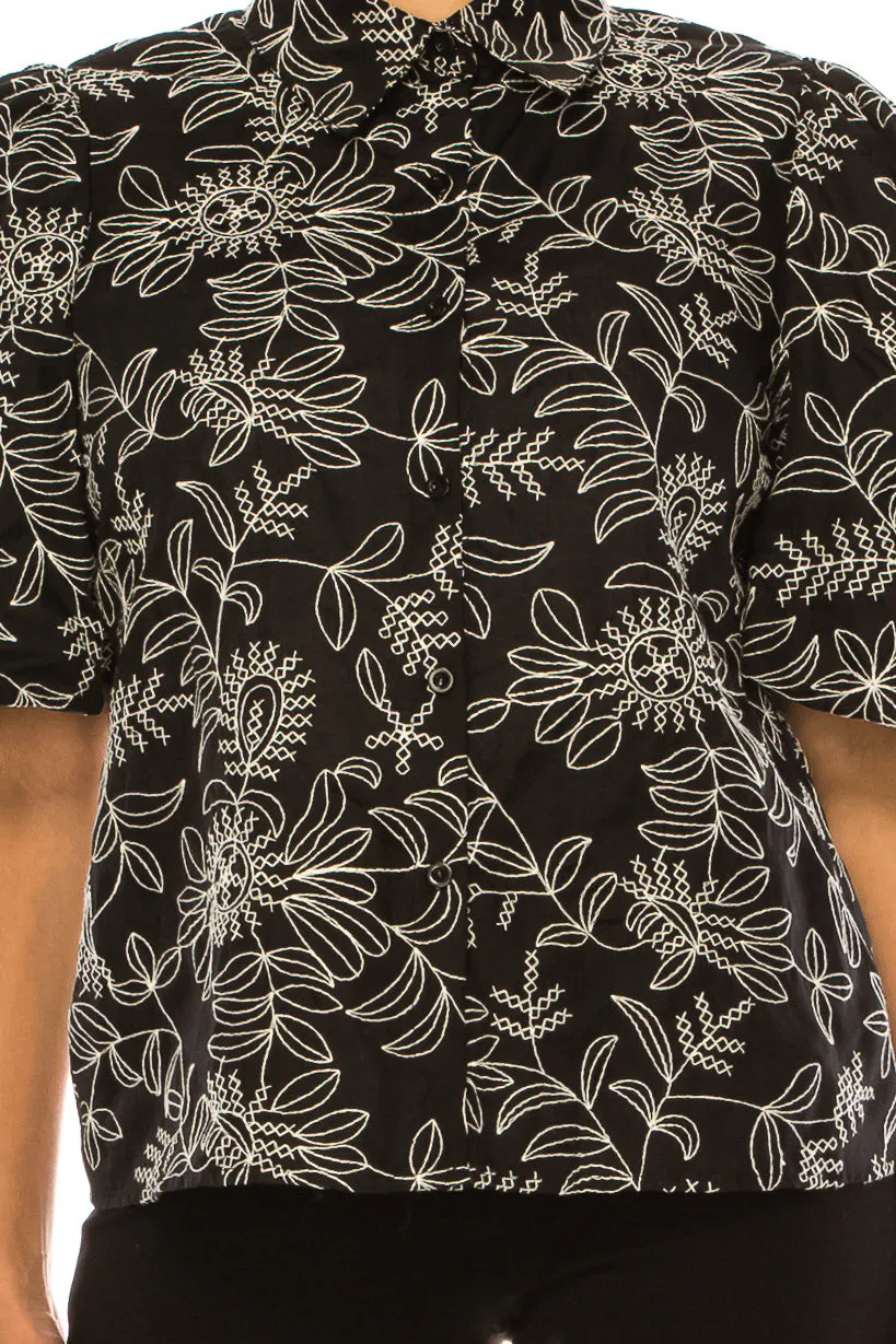 Vivid Embroidered Puff Sleeve Button Down Shirt