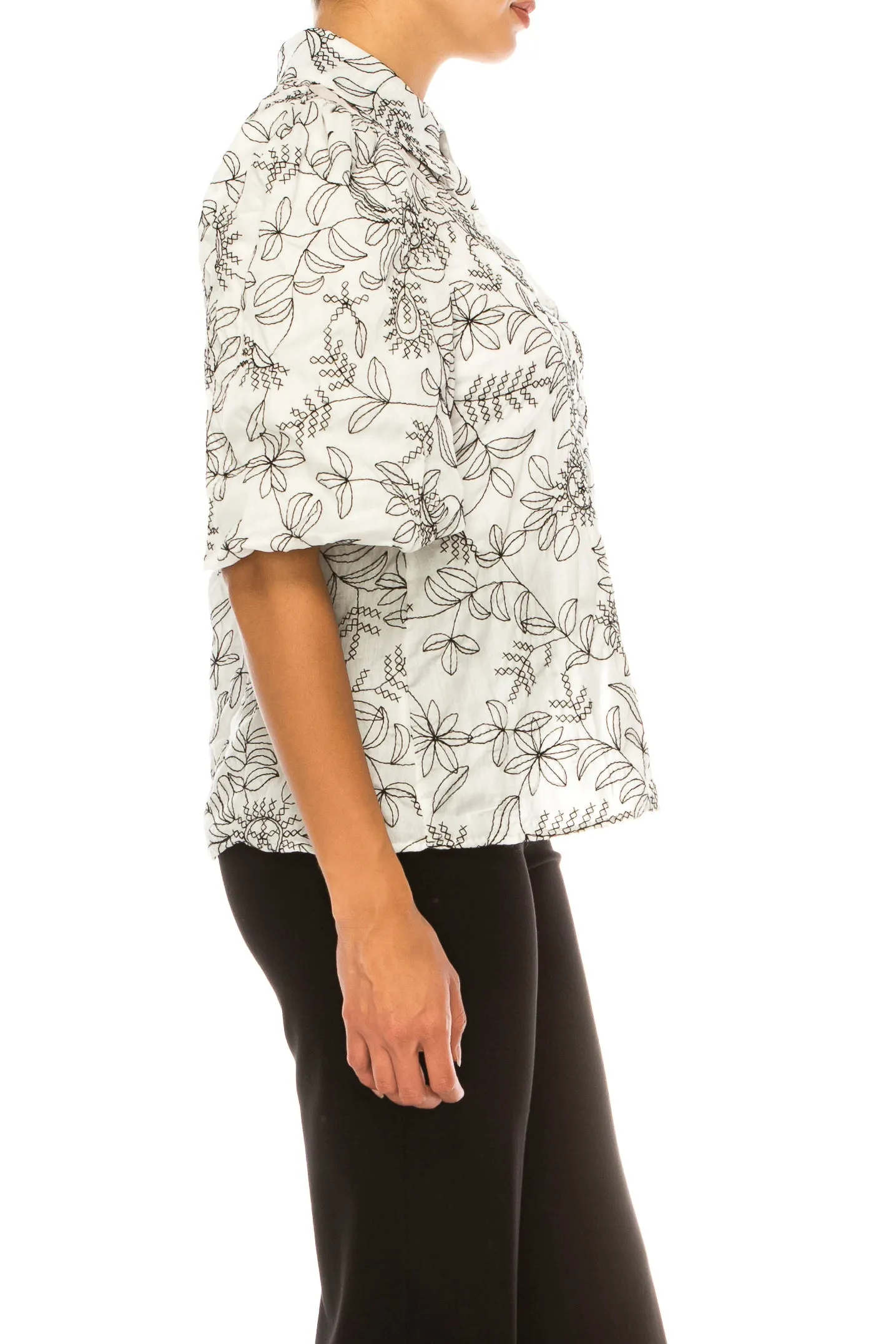 Vivid Embroidered Puff Sleeve Button Down Shirt