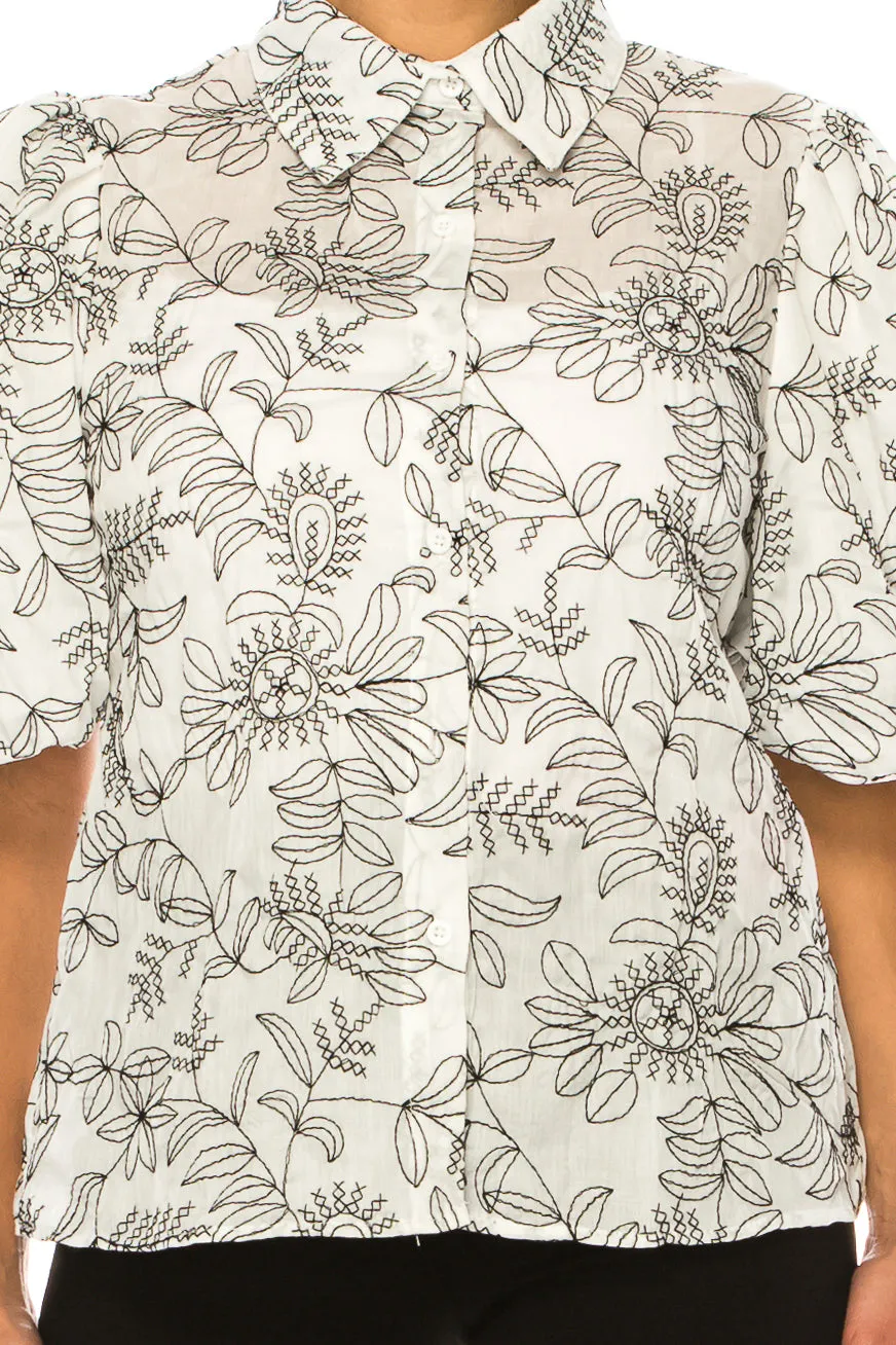 Vivid Embroidered Puff Sleeve Button Down Shirt