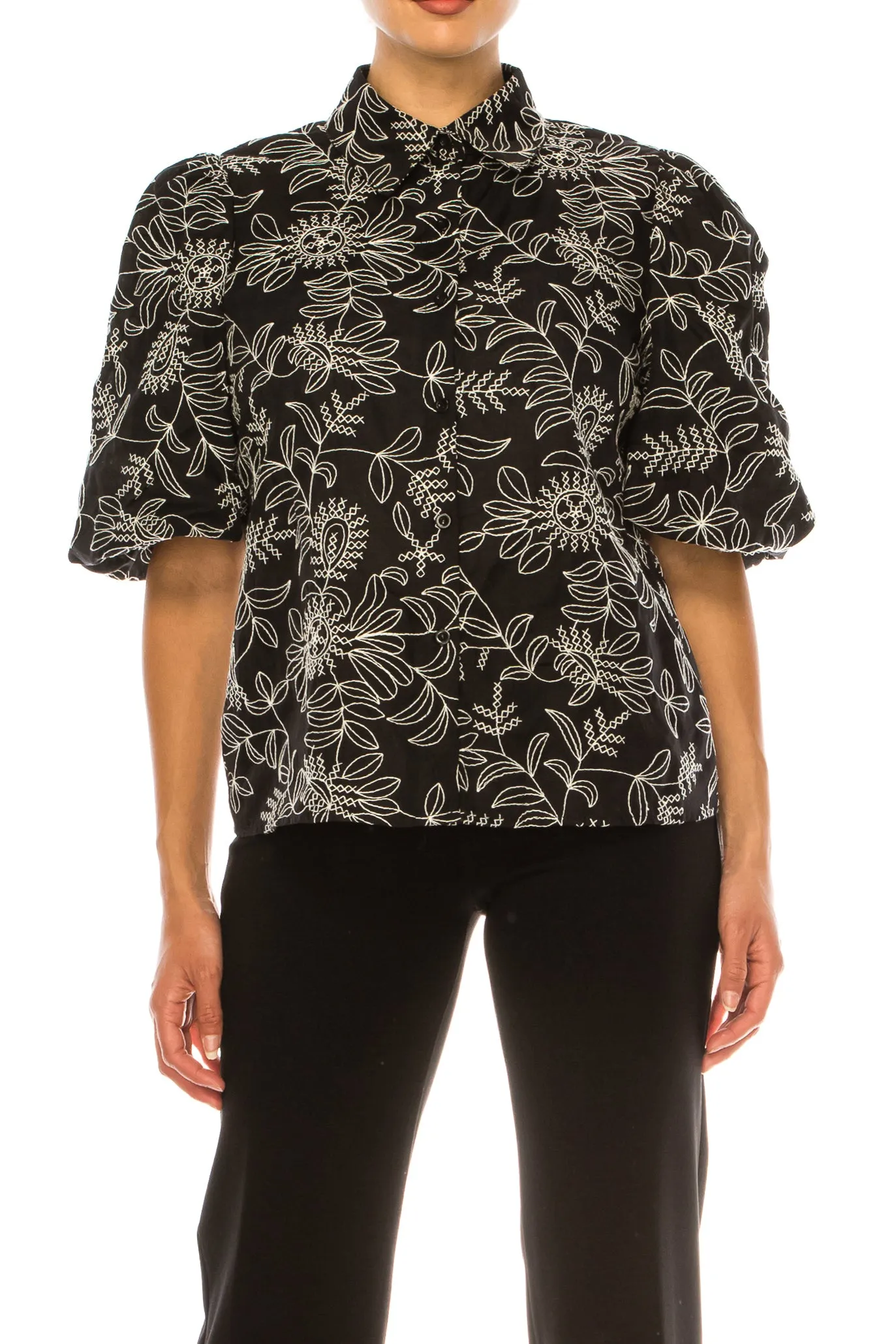 Vivid Embroidered Puff Sleeve Button Down Shirt