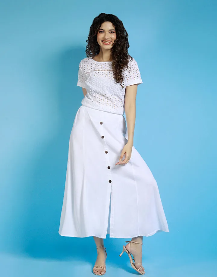 White Front Slit Button Down Detail Skirt