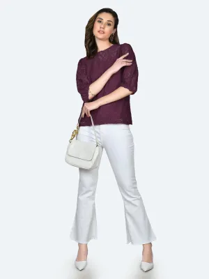Wine Colored Lace Round Neck Top