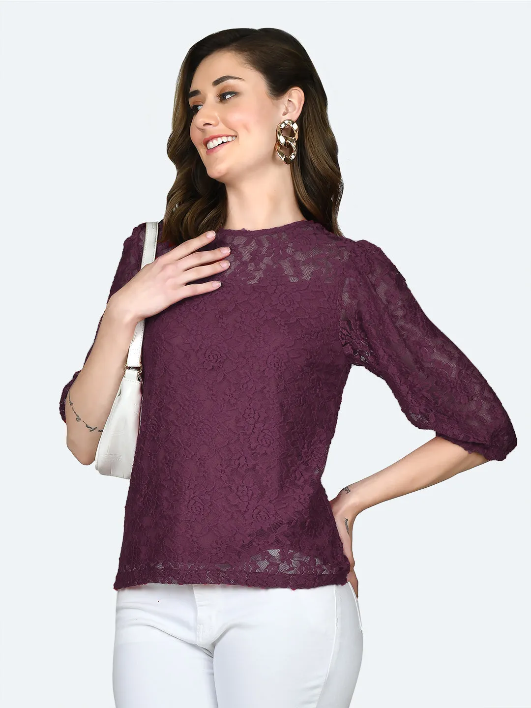 Wine Colored Lace Round Neck Top