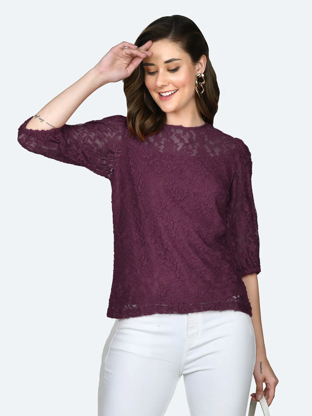 Wine Colored Lace Round Neck Top