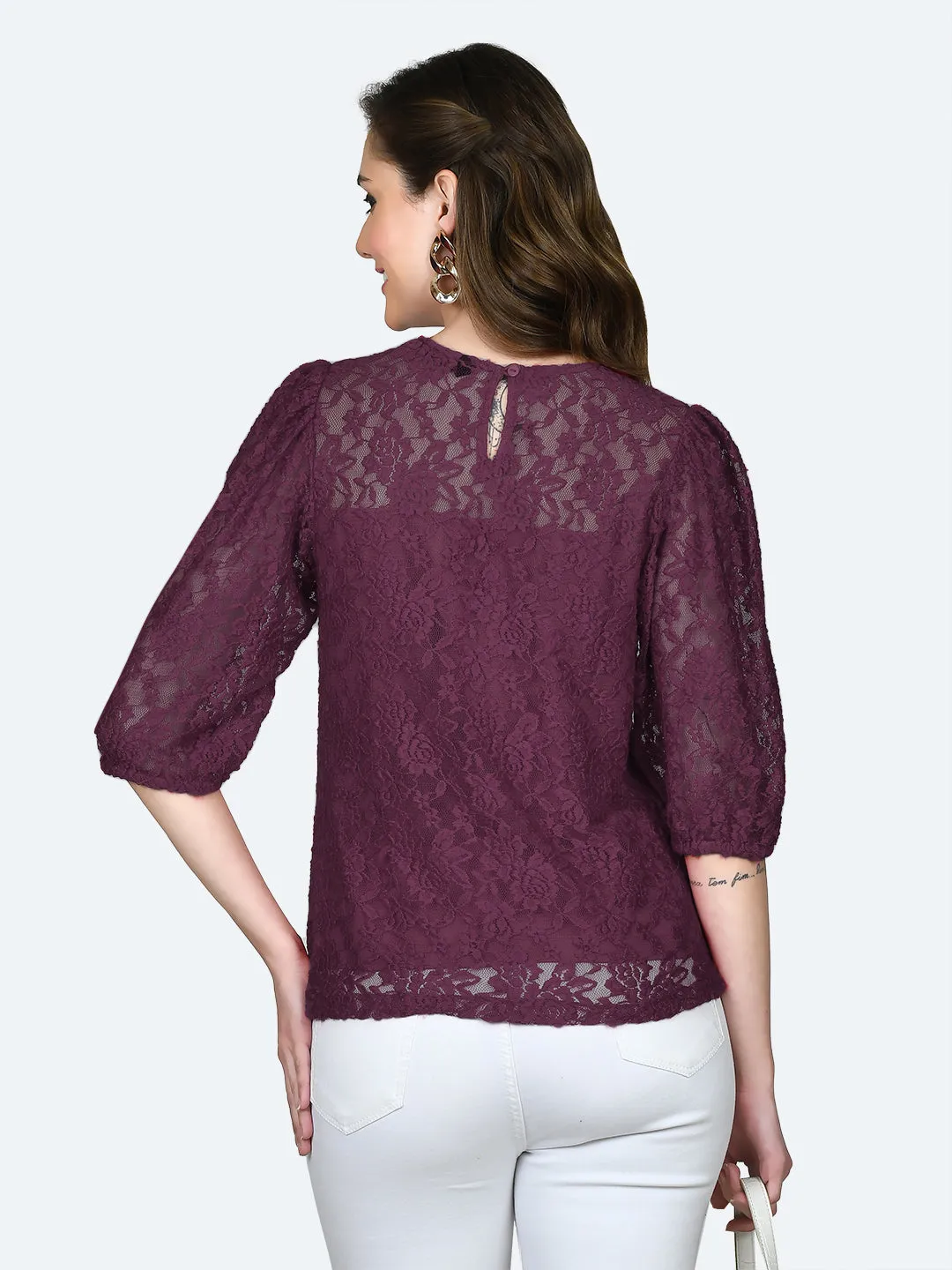 Wine Colored Lace Round Neck Top