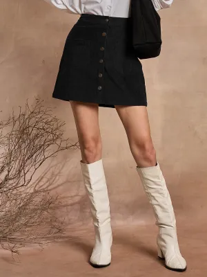 Women Black Corduroy Button Down Mini Skirt