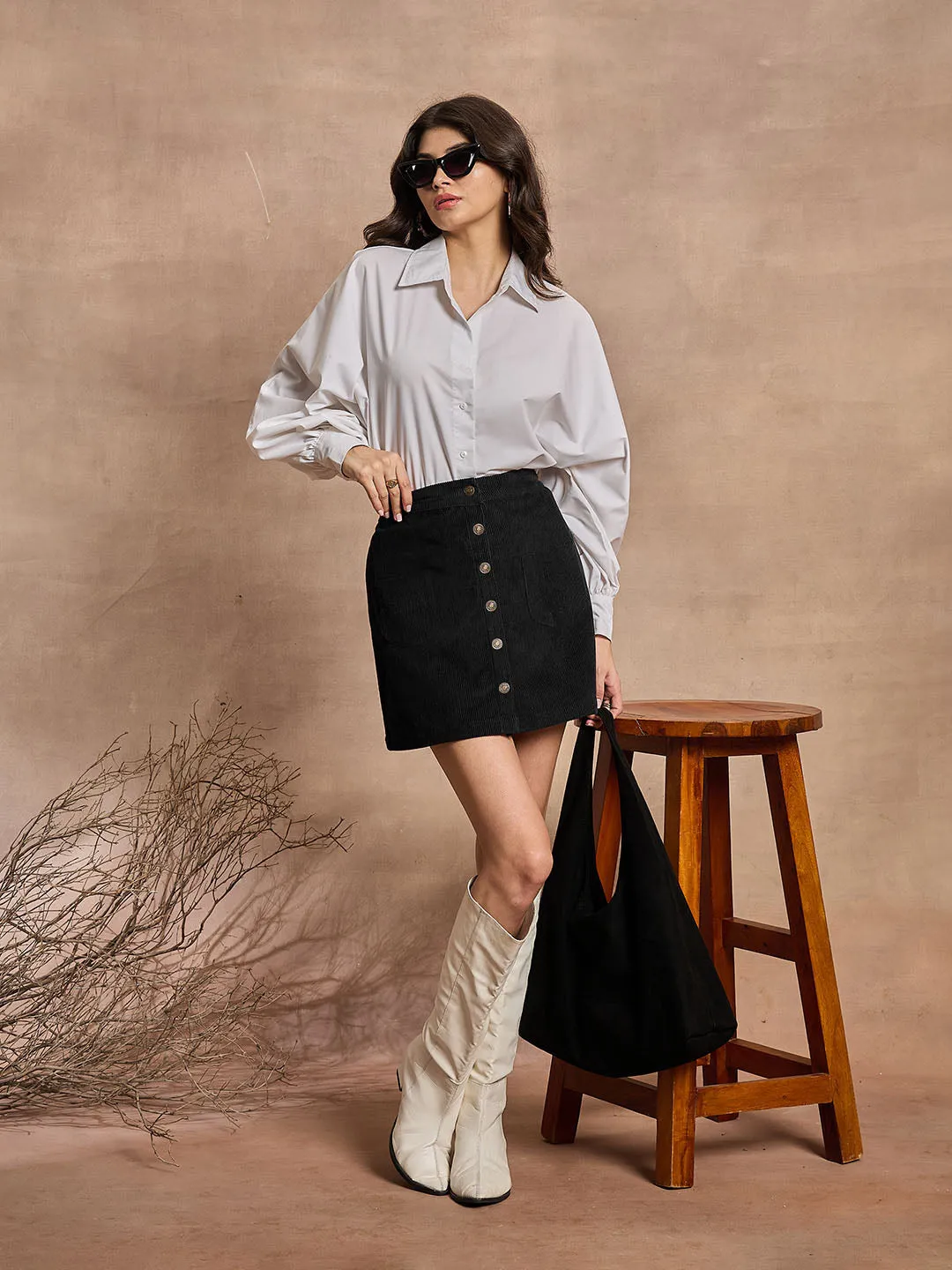 Women Black Corduroy Button Down Mini Skirt